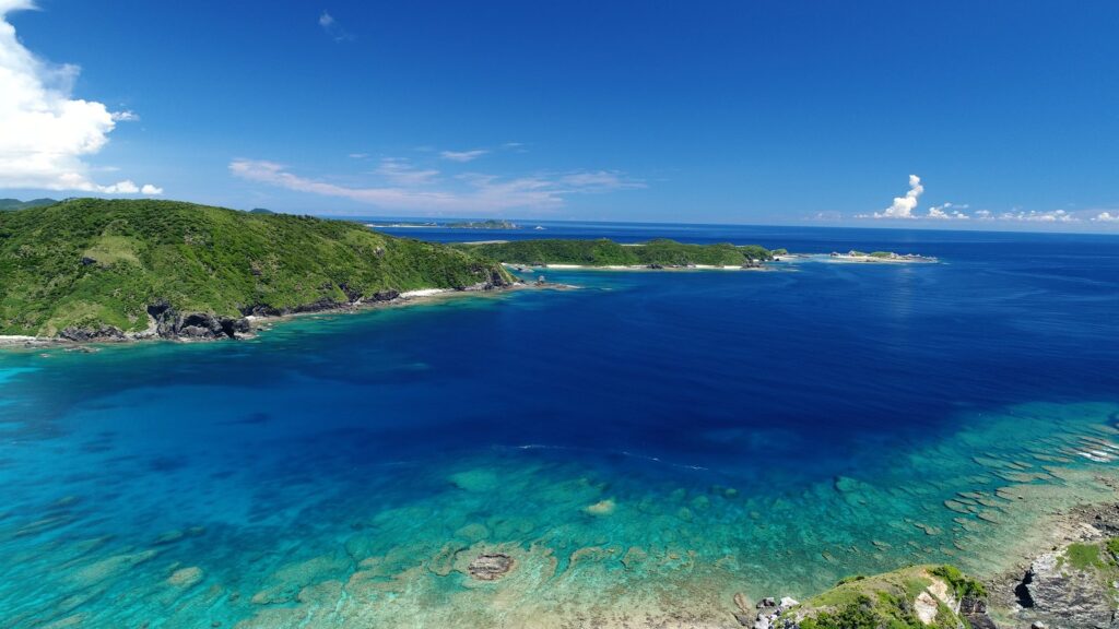 岬から見下ろした海。色が変わる境目の線