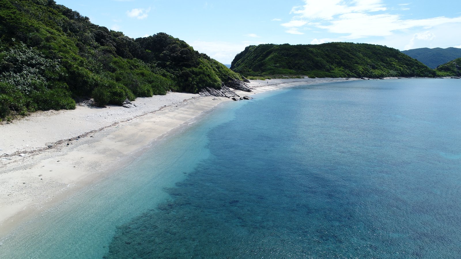 白い浜から沖へ、水の色が段になって広がる
