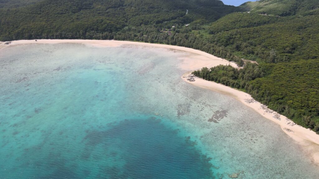 弧を描く白い浜と、その前の浅いリーフ